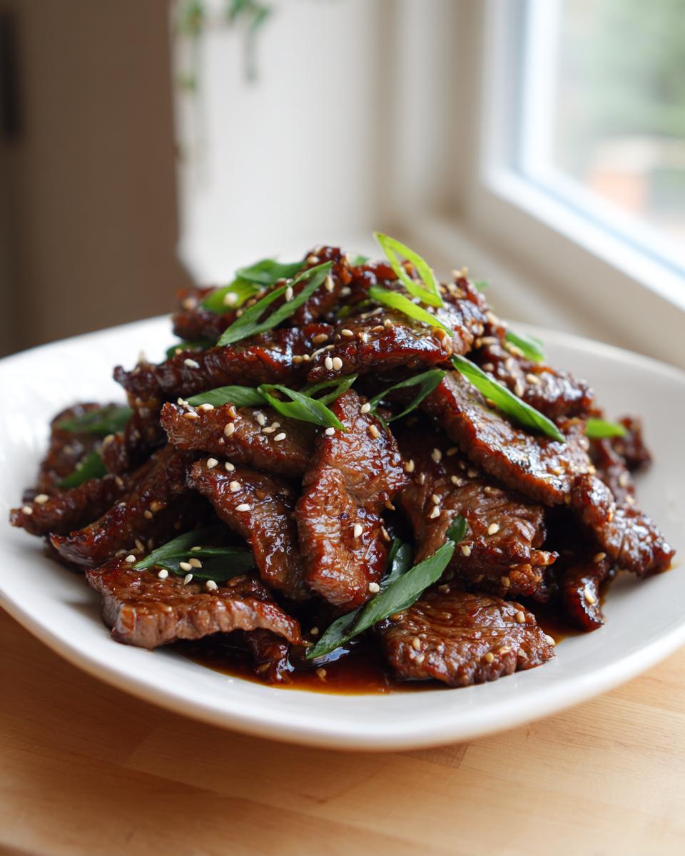 Een bord met malse Beef Bulgogi, bedekt met sesamzaadjes en gesneden lente-ui.