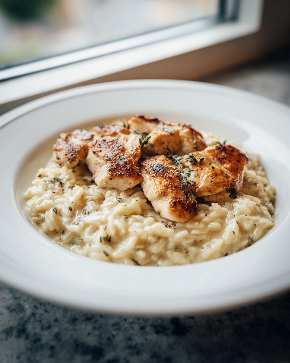 Close-up van Marry Me Chicken Orzo met gegrilde kipstukjes bovenop romige orzo.