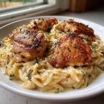 Drie stukken krokant gebakken kip bovenop romige orzo pasta, gegarneerd met verse tijm.