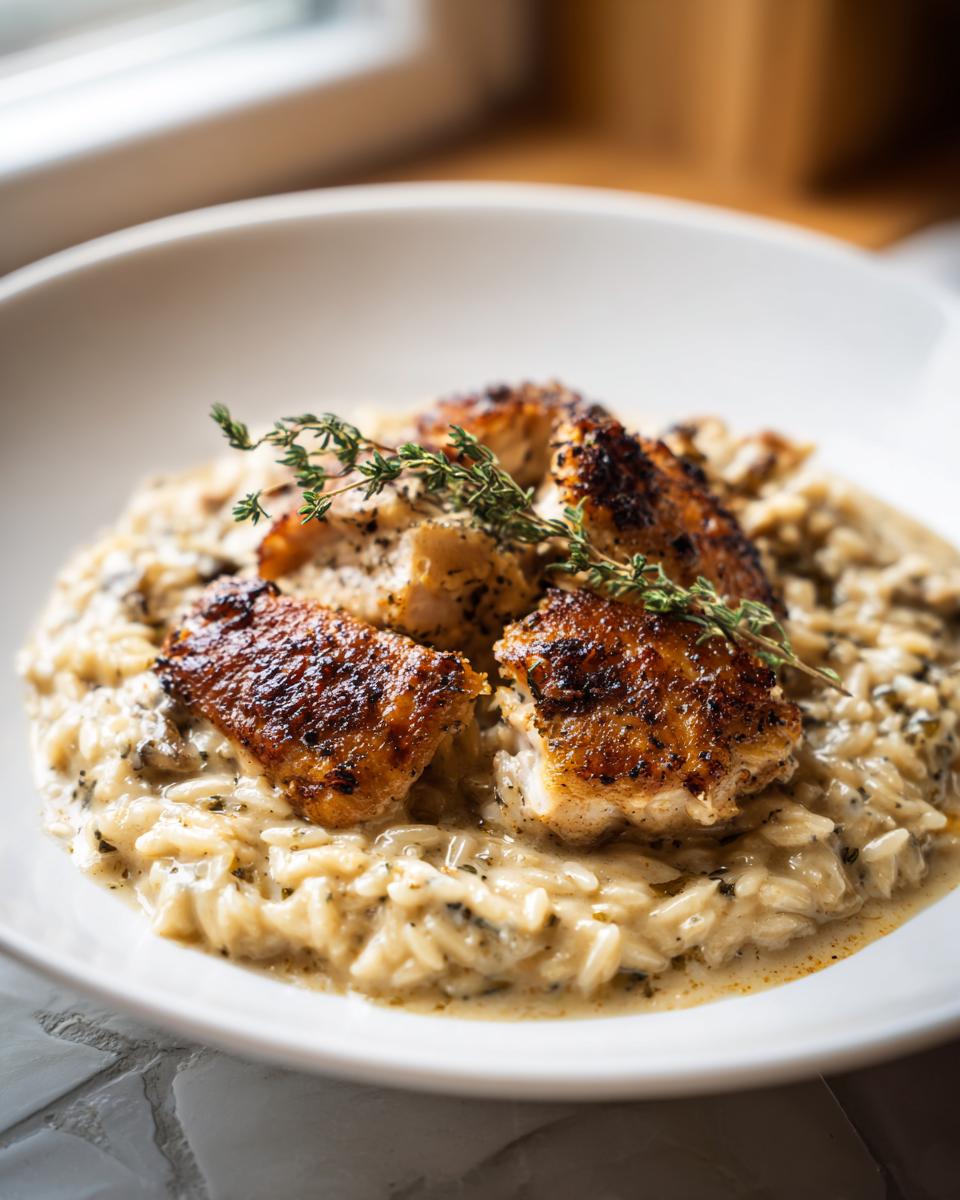 Romige Marry Me Chicken Orzo met stukjes aangebraden kip, gegarneerd met tijm.