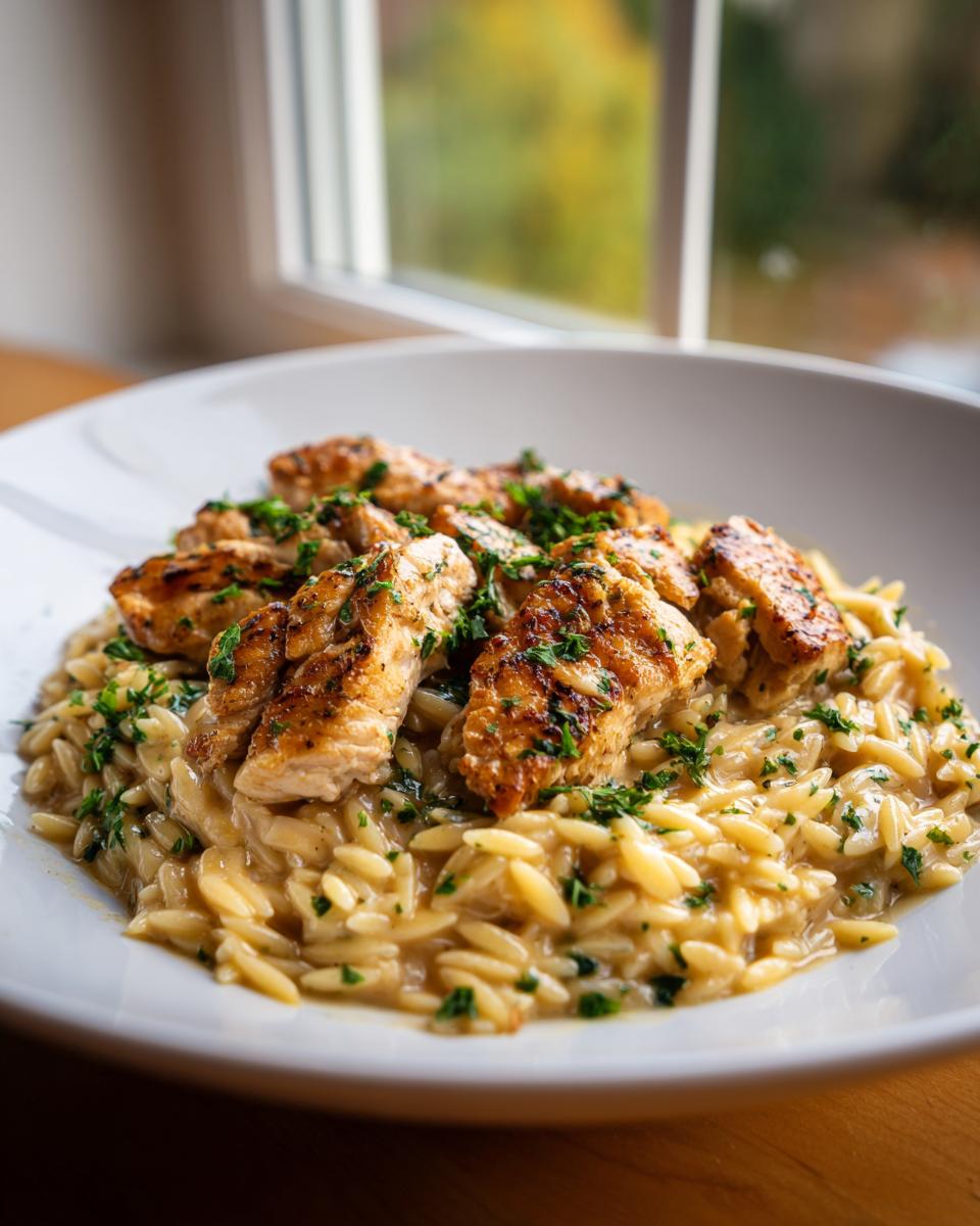 Een close-up van een witte kom gevuld met romige Marry Me Chicken Orzo en gegrilde kipstukjes.