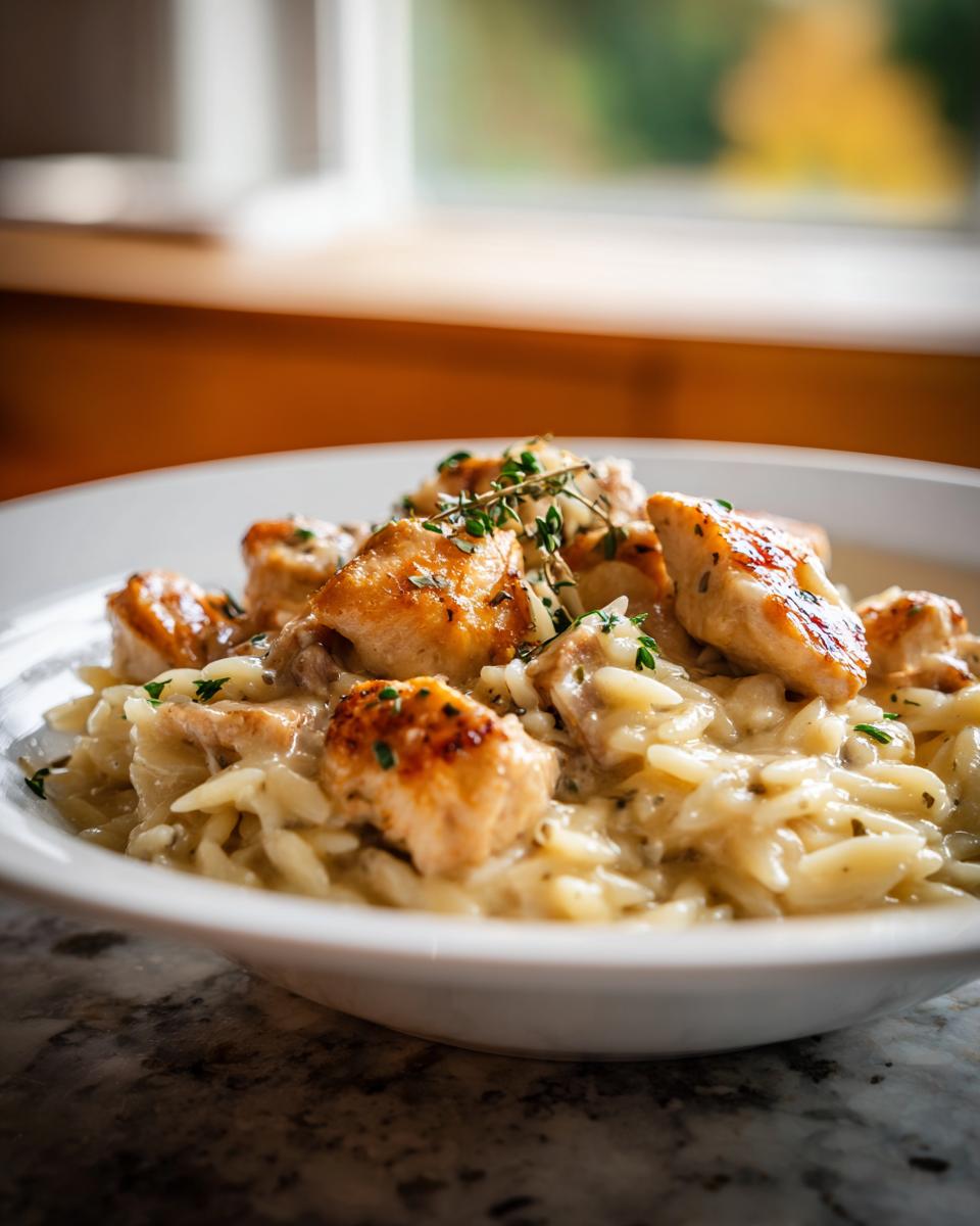 Close-up van een kom romige Marry Me Chicken Orzo met stukjes aangebraden kip en tijm.