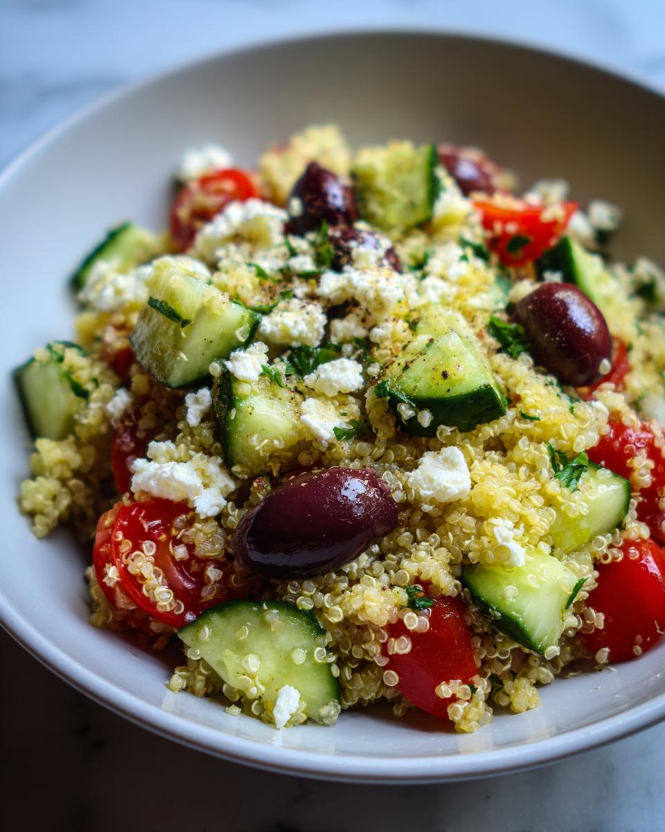 Close-up van een kom met een snelle Mediterranean Bowl, rijk aan quinoa, komkommer, tomaat, olijven en feta.