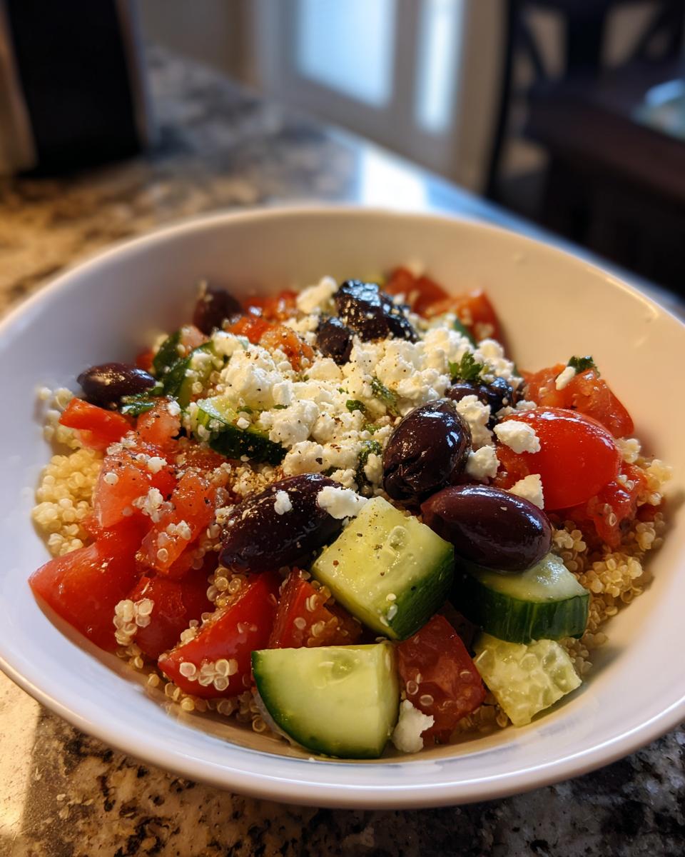Close-up van een gezonde Mediterranean Bowl met quinoa, komkommer, tomaat, olijven en feta.