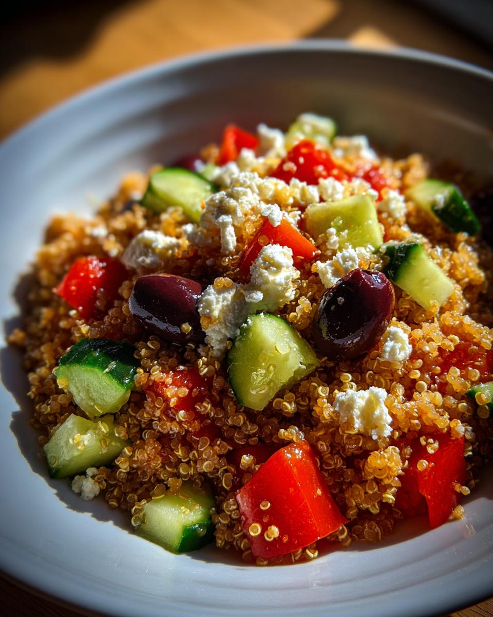 Close-up van een kleurrijke Mediterranean Bowl met quinoa, komkommer, tomaat, olijven en feta.