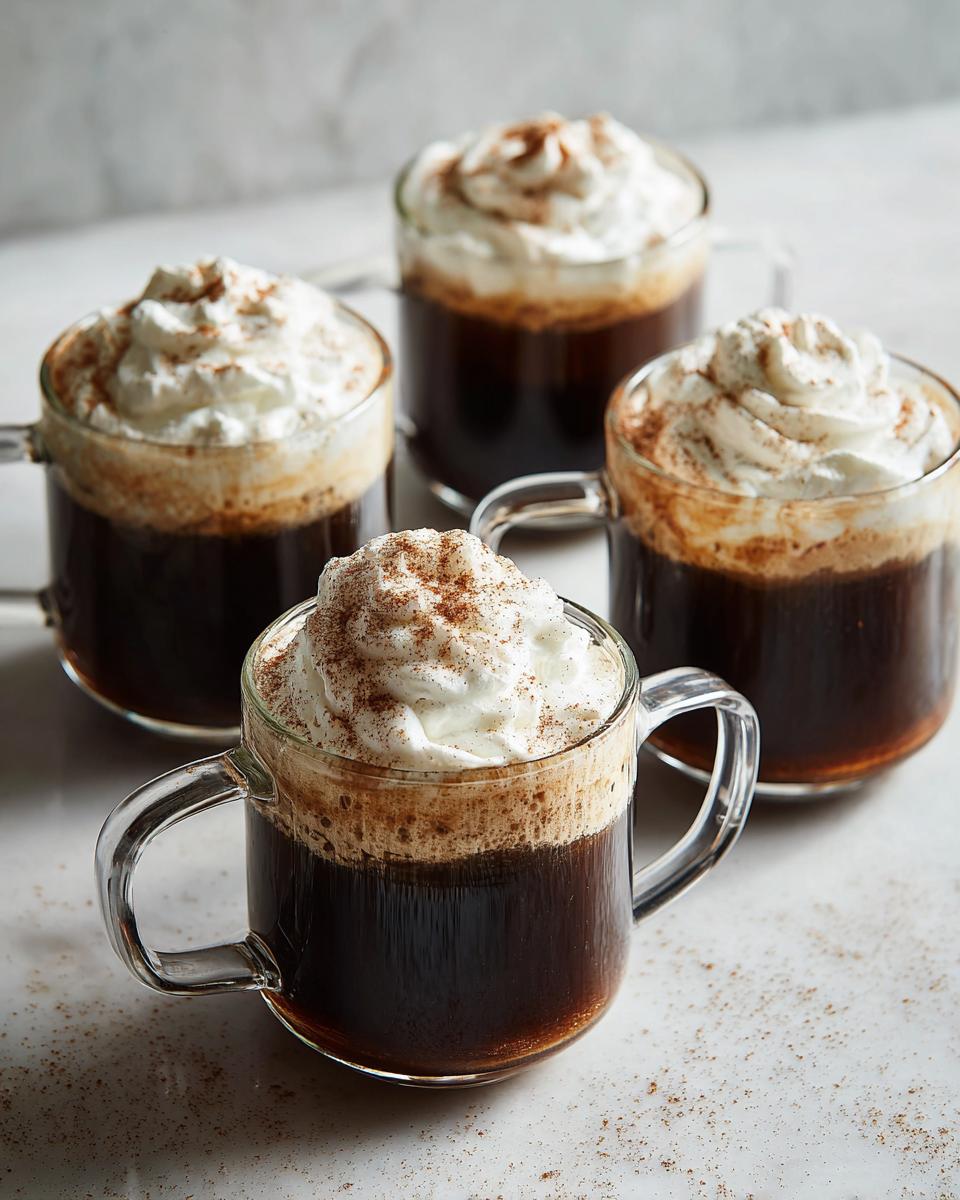 Vier glazen met donkere Mexicaanse Koffie, afgetopt met slagroom en kaneel.