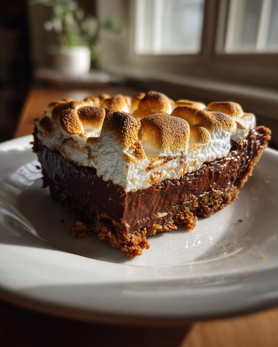 Een dikke portie Mississippi Mud Pie met een rijke chocoladevulling en een goudbruin geroosterde marshmallow topping.
