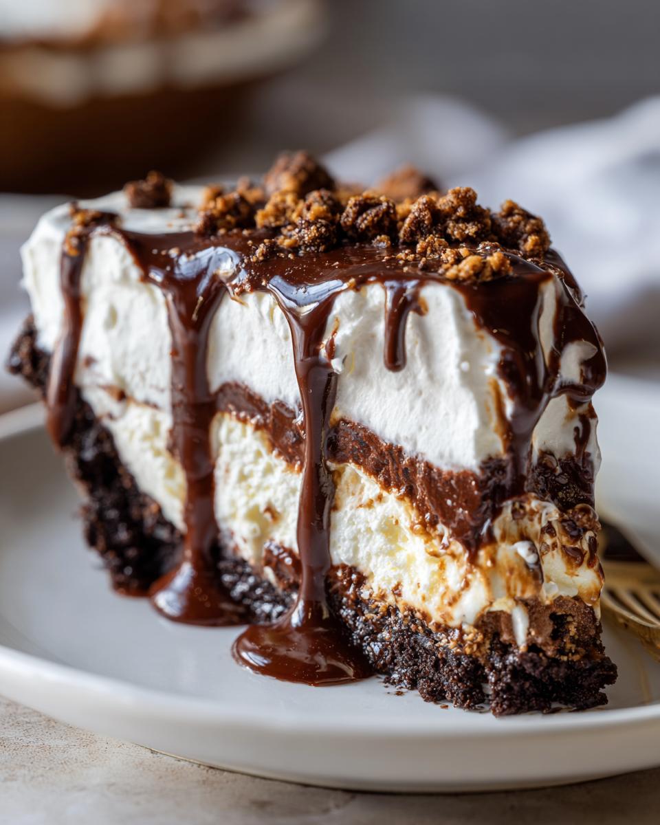 Een dikke plak Mississippi Mud Pie met lagen room, chocolade en een dikke chocoladesaus die eroverheen druipt.