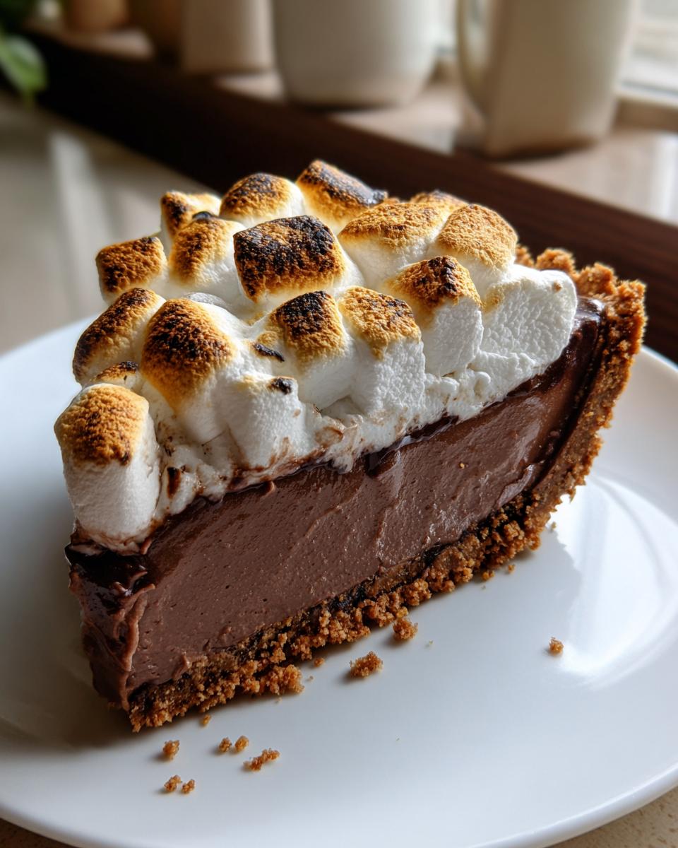 Een dikke, romige plak Mississippi Mud Pie met een chocoladevulling en een topping van geroosterde marshmallows.