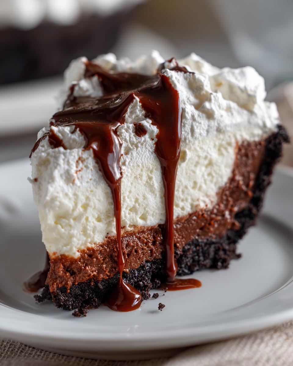Een groot stuk Mississippi Mud Pie met een donkere bodem, chocolade- en witte vulling, slagroom en chocoladesaus.