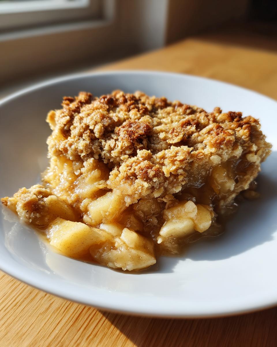 Een portie Old Fashioned Apple Crisp met zachte appelstukjes en een goudbruine, krokante topping.