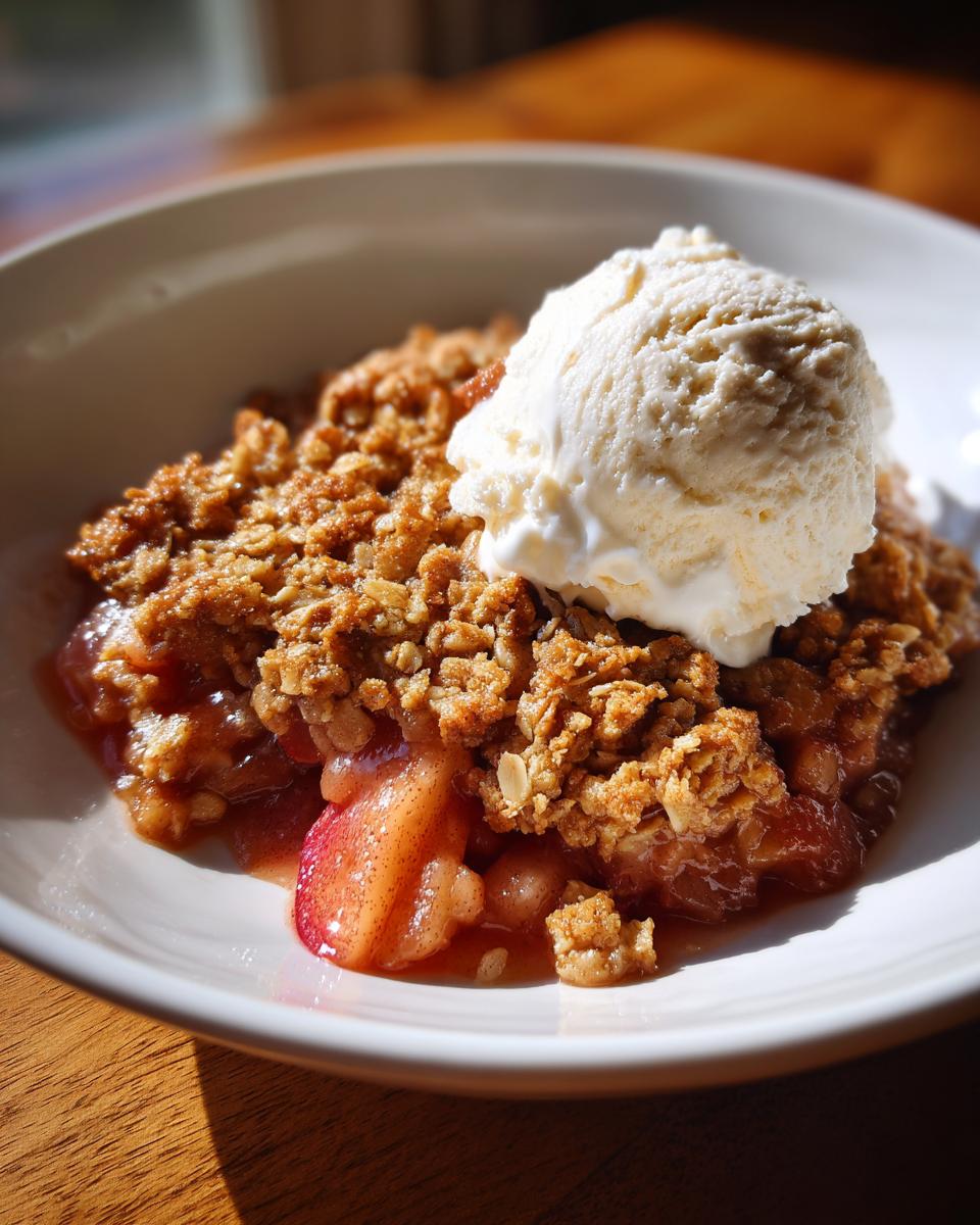 Een kom Old Fashioned Apple Crisp met een grote bol vanille-ijs erbovenop.