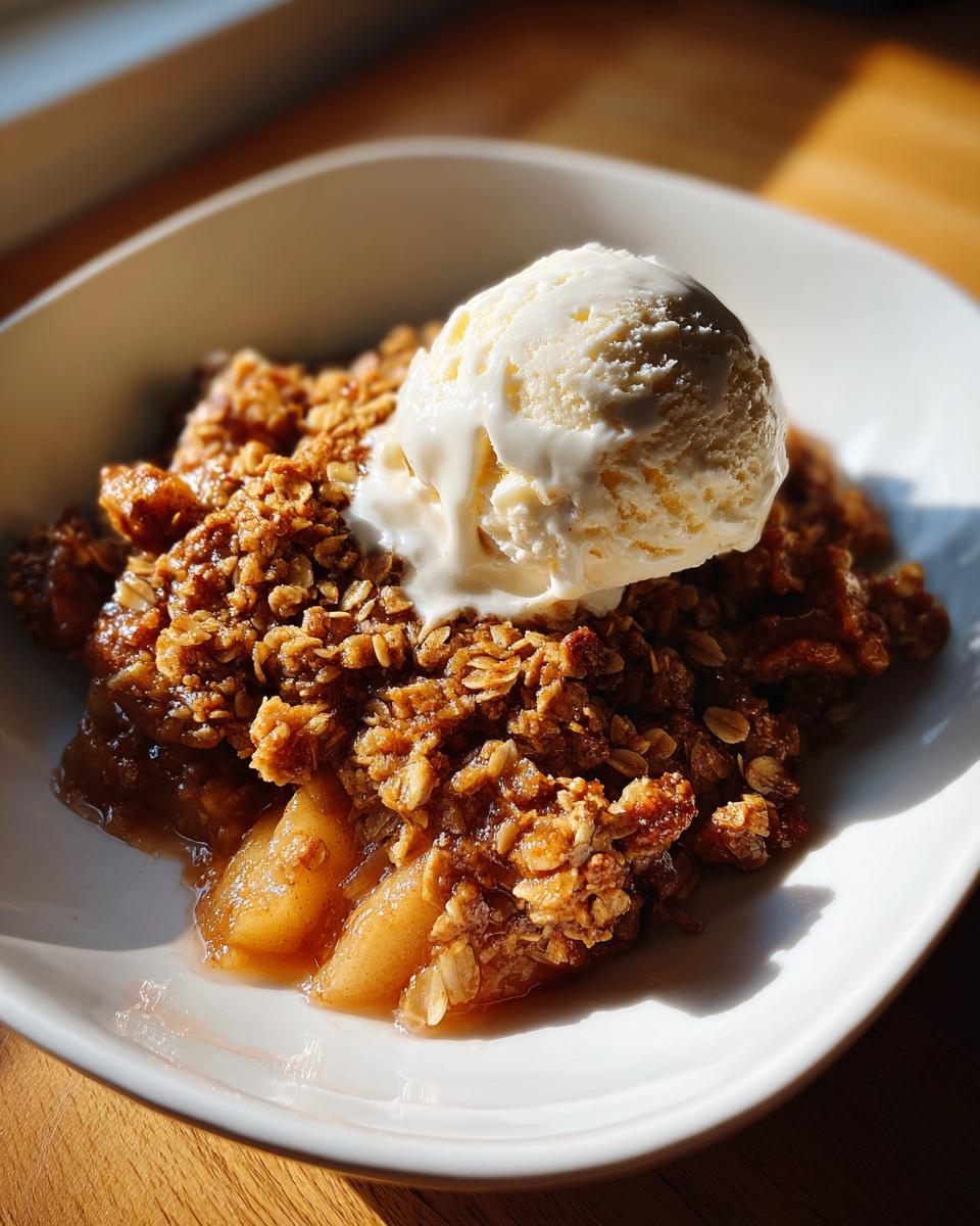 Een kom Old Fashioned Apple Crisp met een bol smeltend vanille-ijs erbovenop.