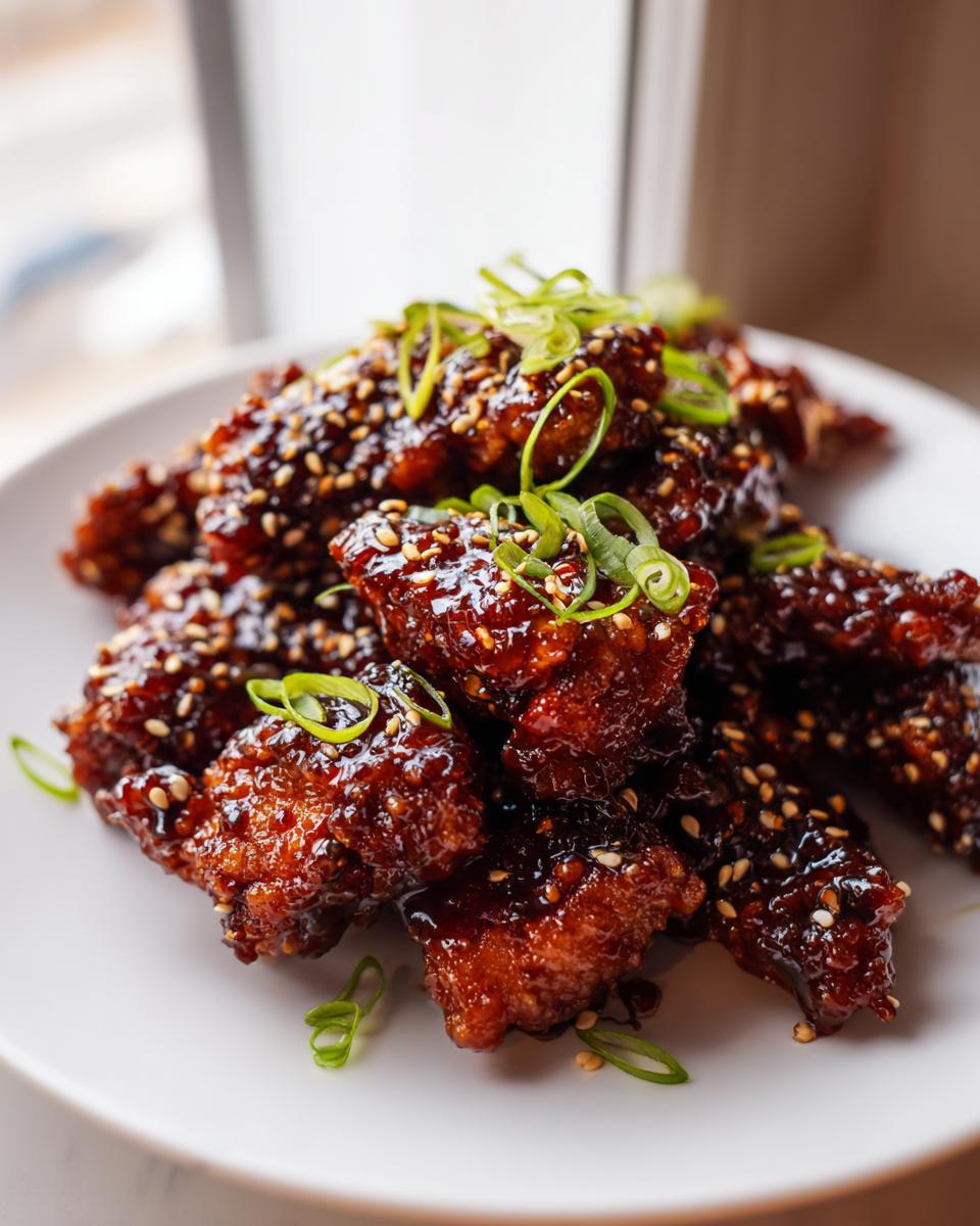 Stukjes krokante kip bedekt met een donkere, glanzende saus, bestrooid met sesamzaadjes en lente-ui, als Panda Express Teriyaki Chicken.