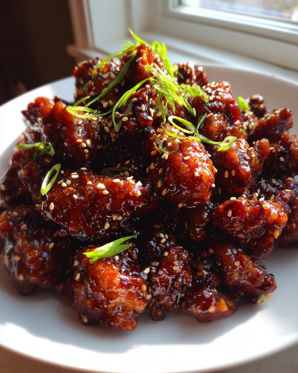 Close-up van stukjes krokante kip bedekt met een donkere, glanzende saus, gegarneerd met sesamzaadjes en lente-ui, klaar om geserveerd te worden als Panda Express Teriyaki Chicken.