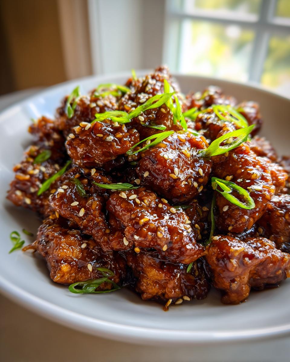 Close-up van een kom met glanzende, gekarameliseerde Panda Express Teriyaki Kip, bestrooid met sesamzaadjes en lente-ui.