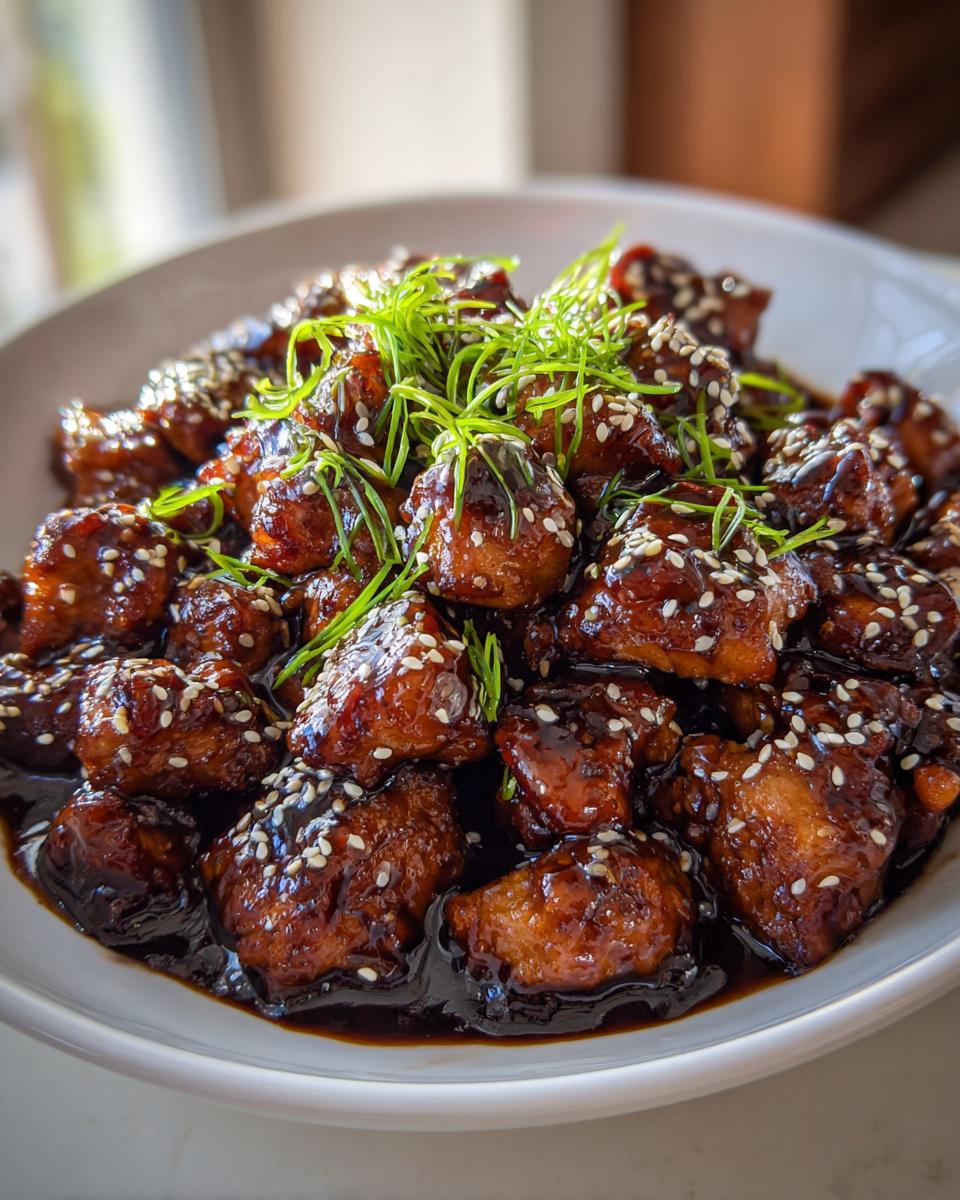 Close-up van stukjes Panda Express Teriyaki Kip, bedekt met donkere saus, sesamzaadjes en lente-ui.