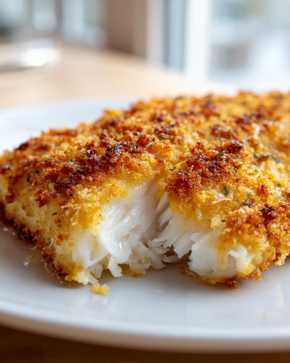 Close-up van een stuk krokante Parmesan Crusted Tilapia met wit, vlokkerig visvlees.