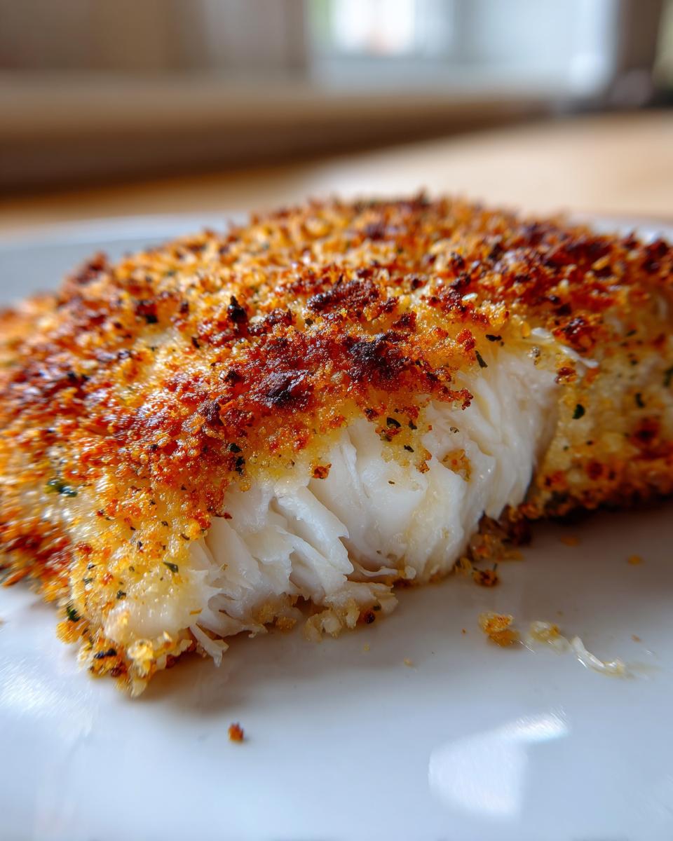 Close-up van een stuk witvis met een goudbruine, knapperige korst, perfect voor Parmesan Crusted Tilapia.
