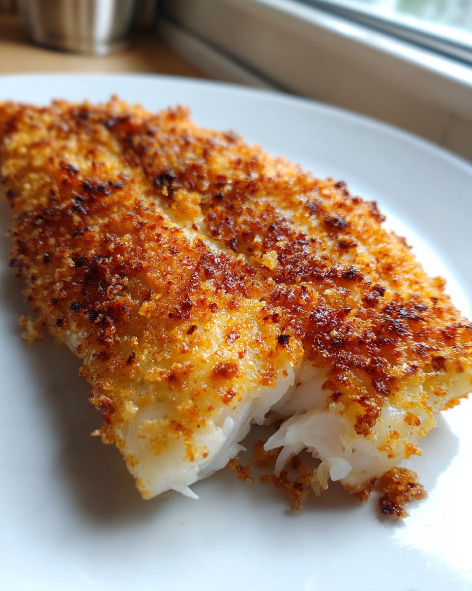 Close-up van een goudbruin gebakken filet met een krokante korst, waarschijnlijk Parmesan Crusted Tilapia.
