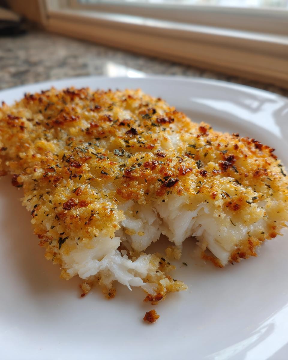 Close-up van een goudbruin gebakken Parmesan Crusted Tilapia filet met een krokante korst.