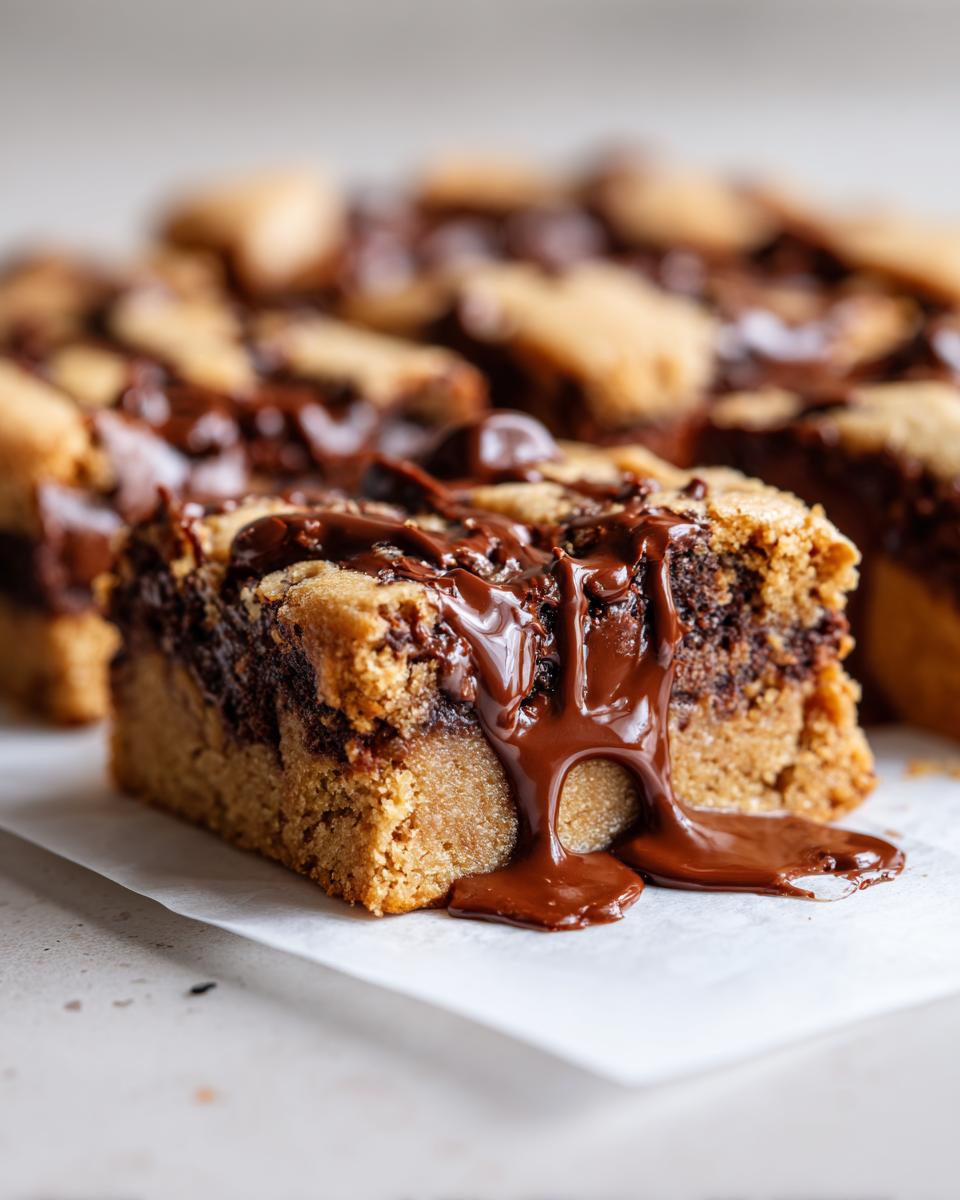 Close-up van een Peanut Butter Chocolate Chip Cookie Bar met gesmolten chocolade die eroverheen druipt.