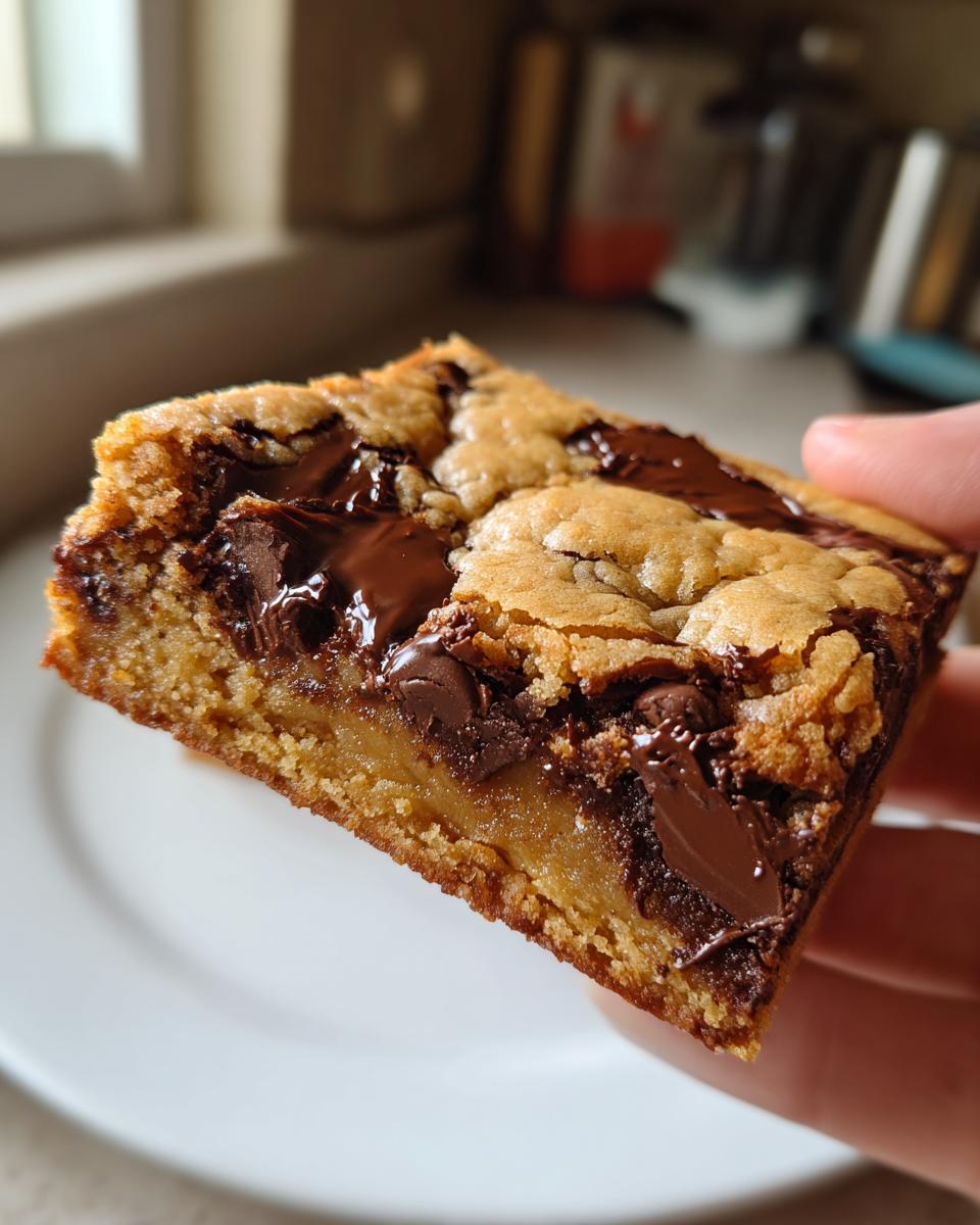 Een hand houdt een dikke, zachte Peanut Butter Chocolate Chip Cookie Bar vast met gesmolten chocolade.