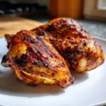 Twee sappige stukken Peruvian Chicken met een donker gekruide, krokante huid op een wit bord.
