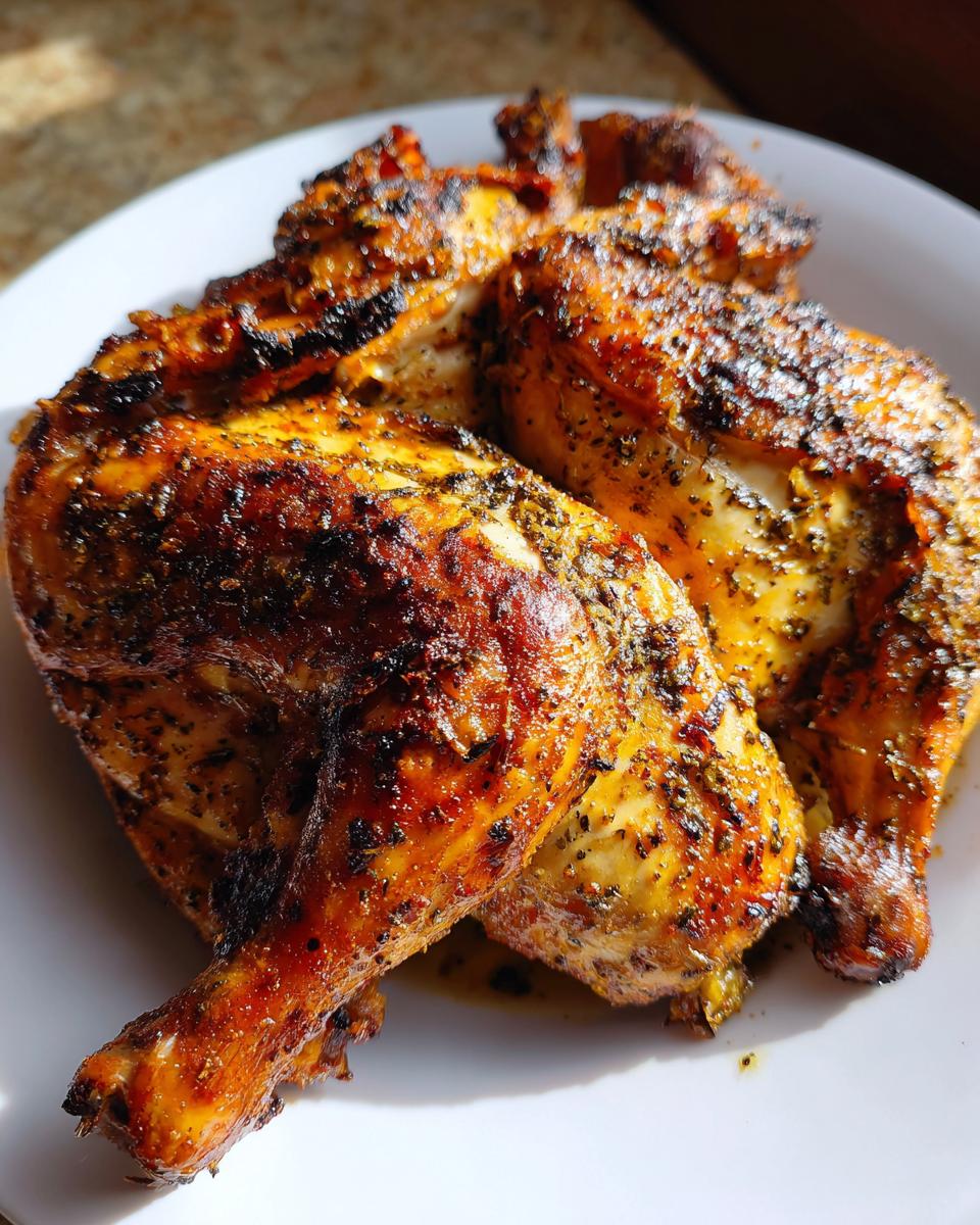 Close-up van sappige, geroosterde Peruvian Chicken met een donker gekruide en krokante huid op een wit bord.