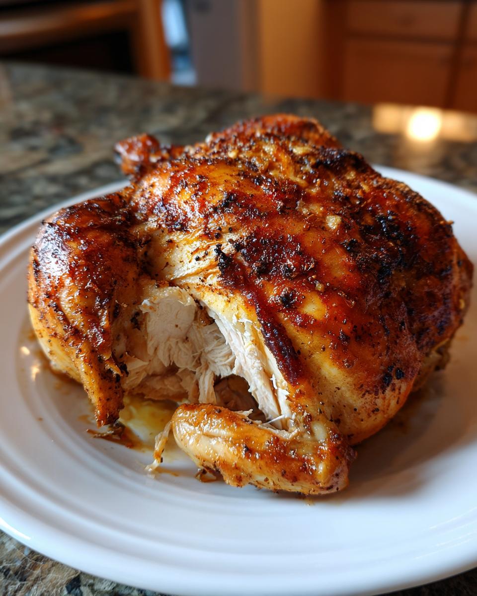 Hele, goudbruine Peruvian Chicken op een witte schaal, waarbij een stuk vlees is opengescheurd om de sappige binnenkant te tonen.