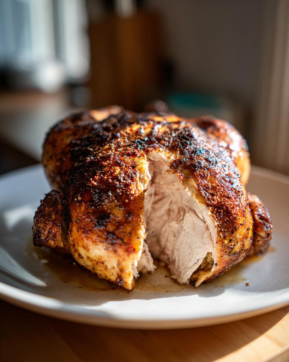 Close-up van een hele Peruvian Chicken met een stuk uitgesneden, wat de sappige binnenkant en krokante kruidige huid toont.