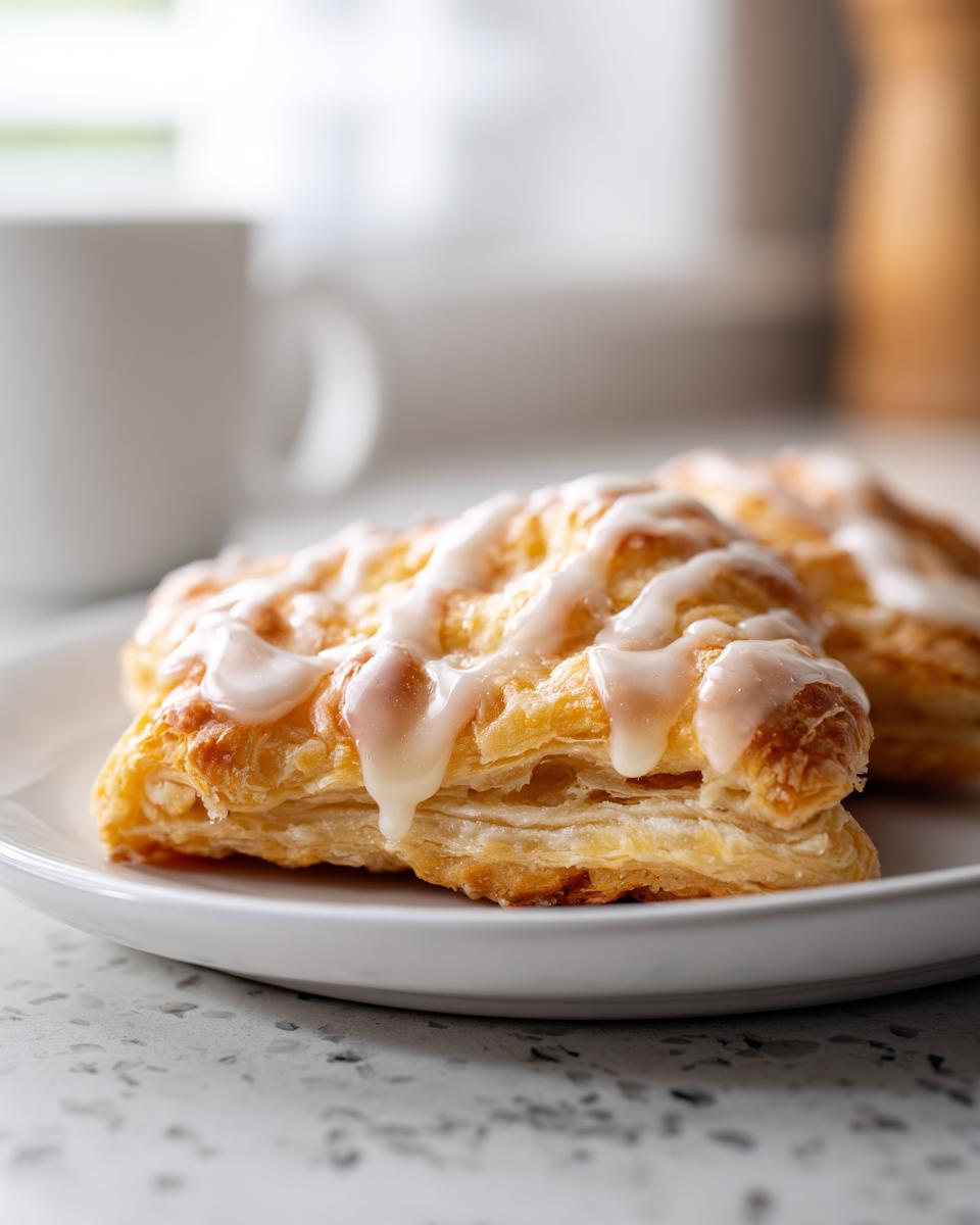 Close-up van twee Phyllo Framboos Pop Tarts met een dikke laag wit vanille glazuur.