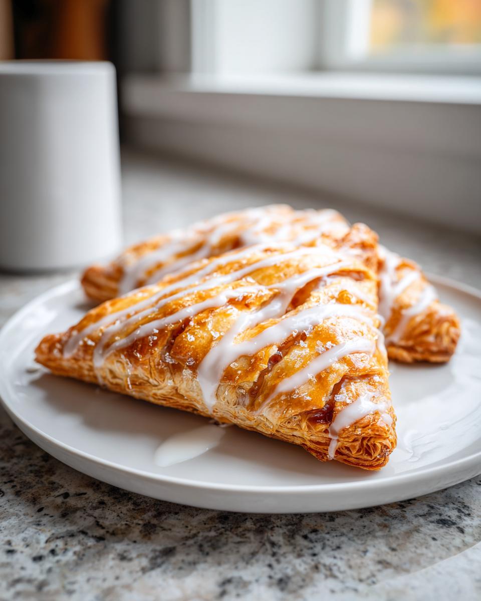 Driehoekige Phyllo Framboos Pop Tarts met dikke witte vanille glazuur op een wit bord.
