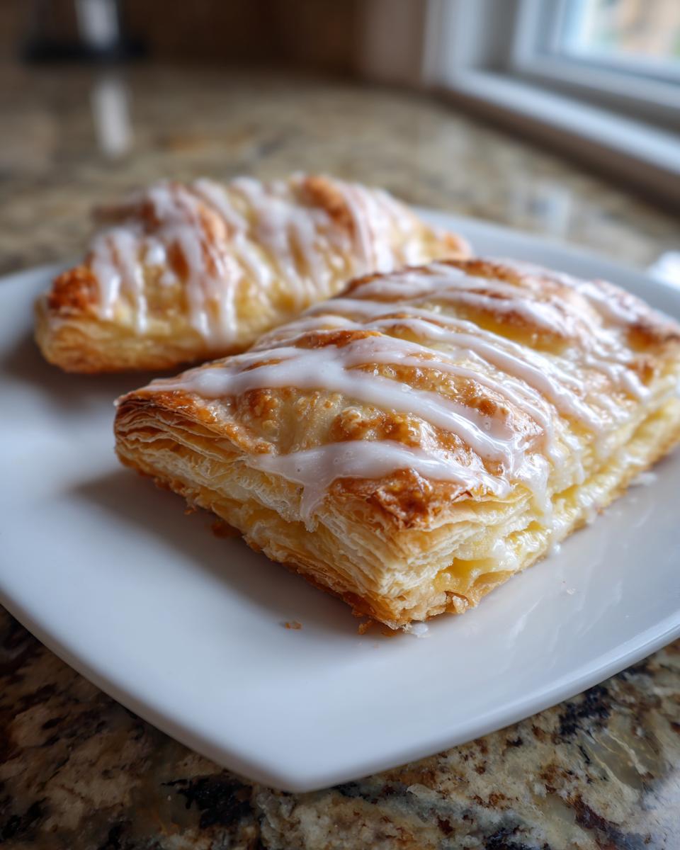 Twee goudbruine Phyllo Framboos Pop Tarts met een streep wit vanille glazuur op een wit bord.