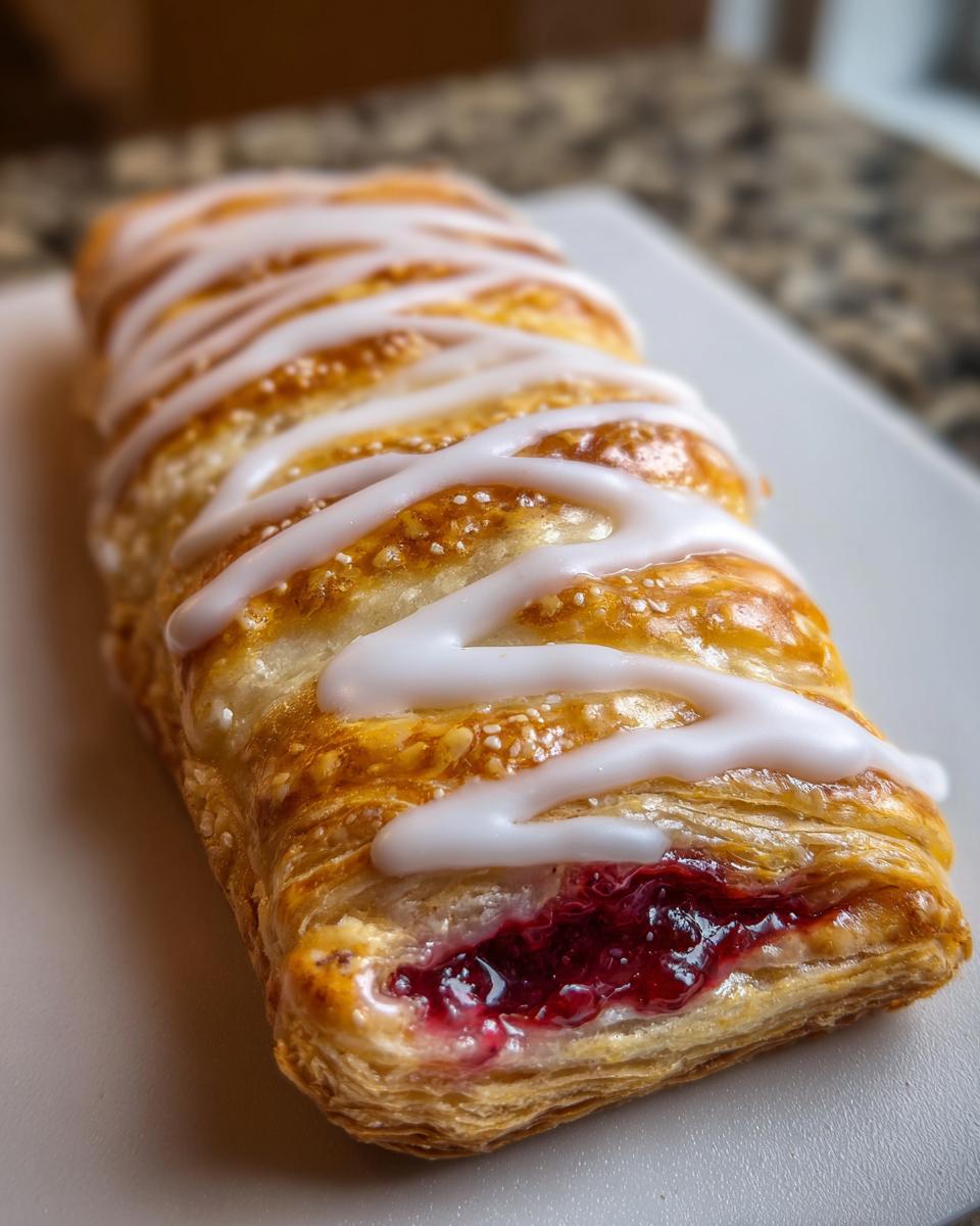 Close-up van een goudbruine Phyllo Framboos Pop Tart met een dikke laag wit vanille glazuur en zichtbare frambozenvulling.