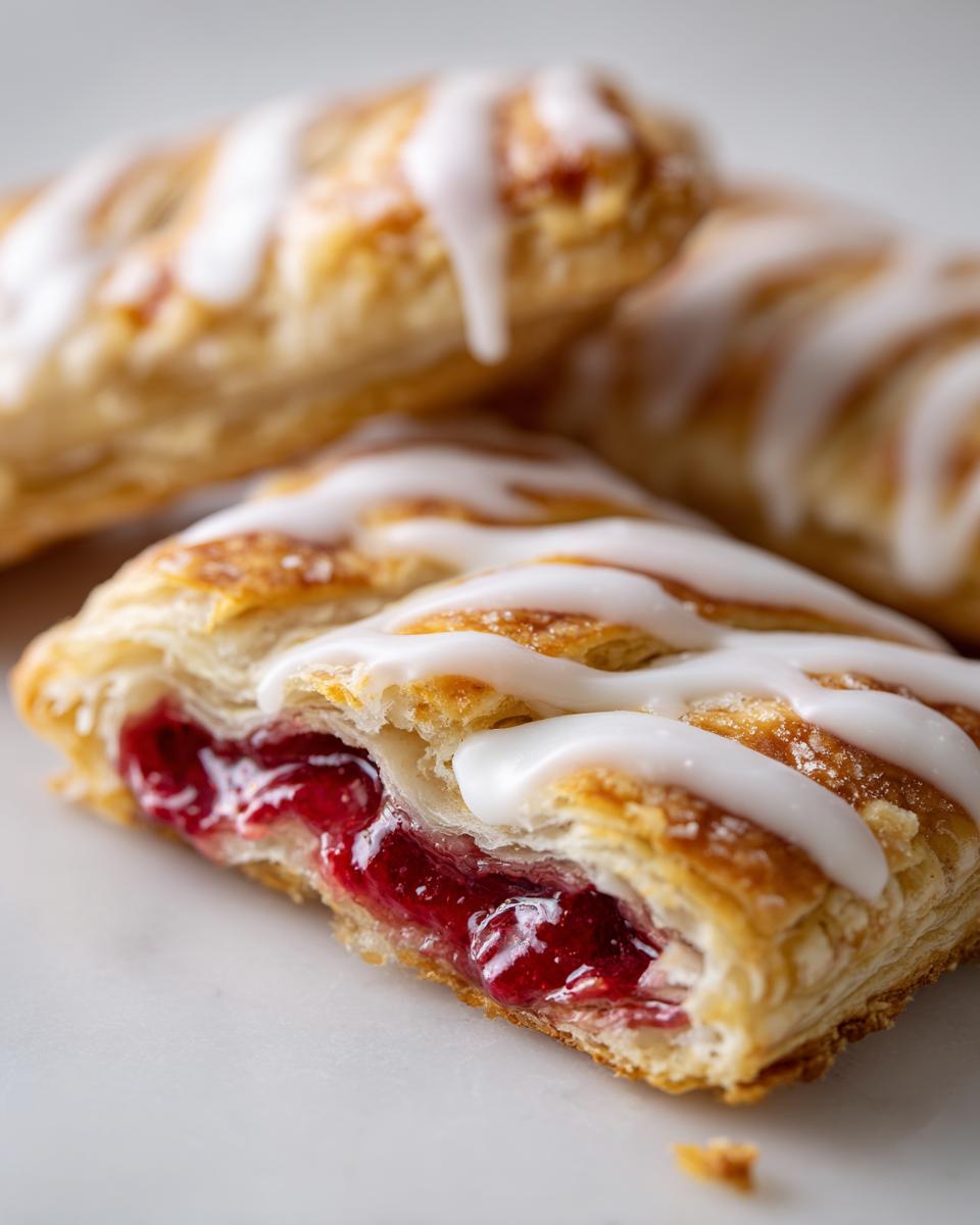 Close-up van een doormidden gesneden Phyllo Framboos Pop Tart met zichtbare rode vulling en witte vanille glazuur.