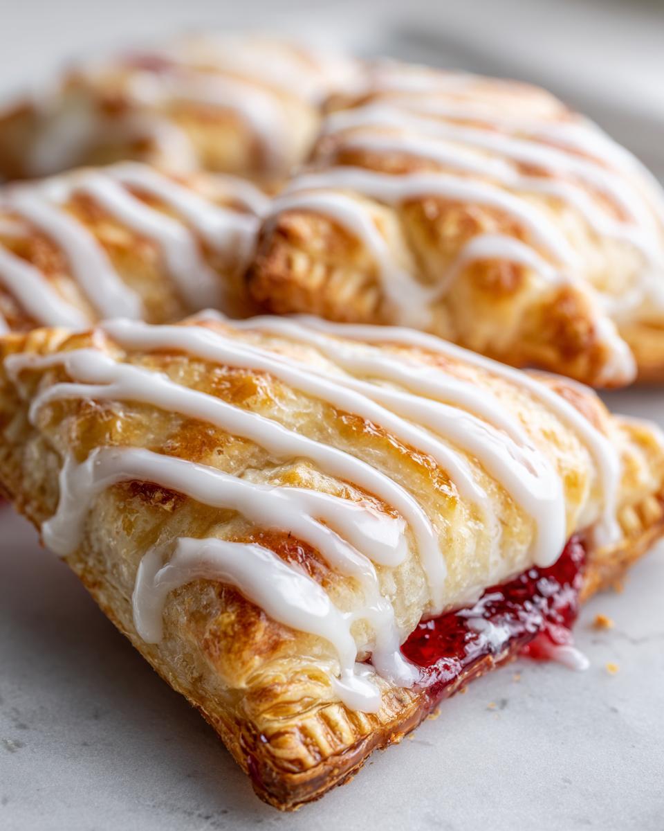 Close-up van een Phyllo Raspberry Pop Tart met een goudbruine korst, frambozenvulling en witte vanille glazuur.
