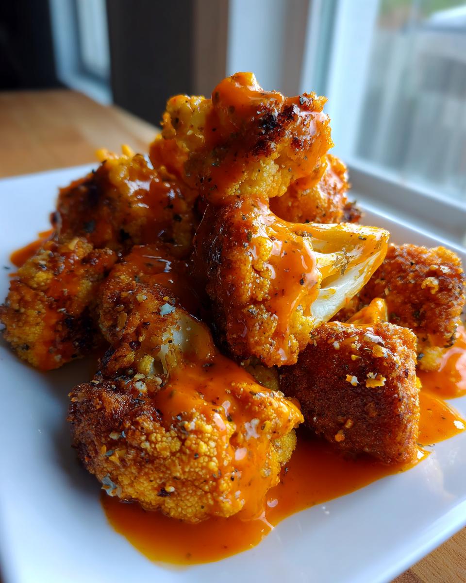 Close-up van gefrituurde Buffalo Cauliflower stukken overgoten met pittige oranje saus op een wit bord.