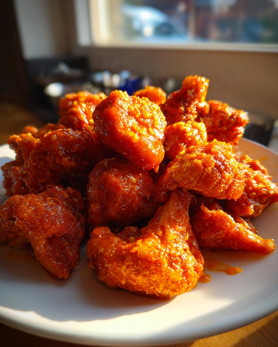 Een berg knapperige, oranje-rode Buffalo Cauliflower stukjes op een wit bord, badend in zonlicht.