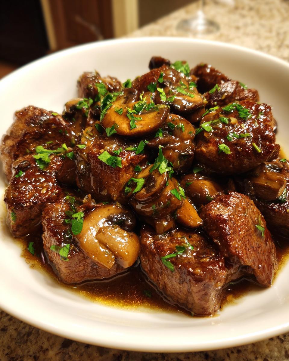 Een witte kom gevuld met stukjes Pork Marsala, overgoten met een donkere saus en plakjes champignons, gegarneerd met peterselie.