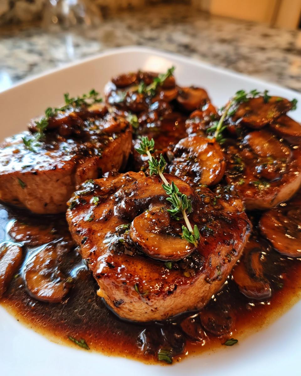 Drie stukken gebakken varkensvlees bedekt met rijke, donkere saus en champignons, gegarneerd met tijm voor Pork Marsala.