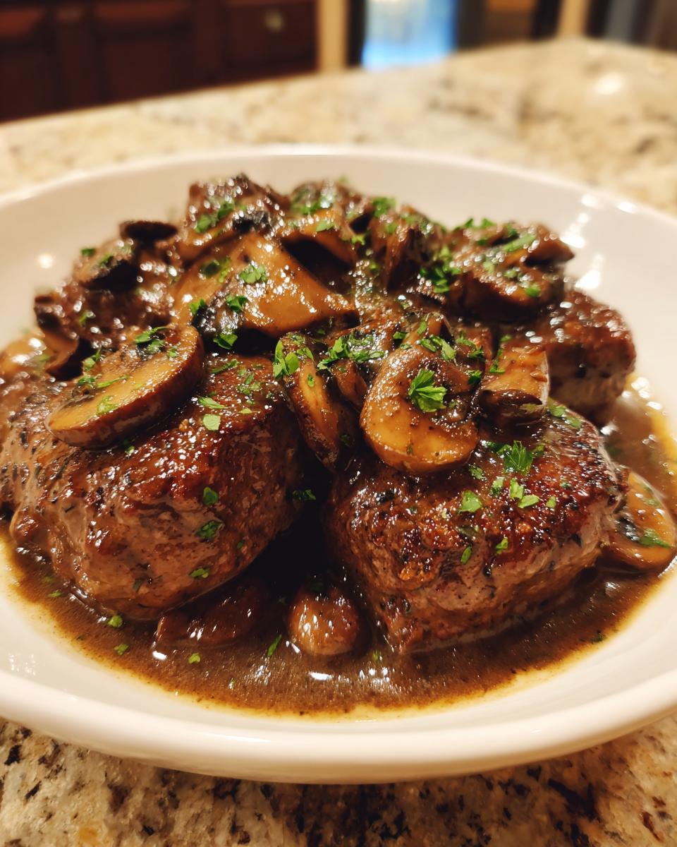 Drie stukken vlees bedekt met een rijke bruine saus en gesneden champignons, klaar voor Pork Marsala.