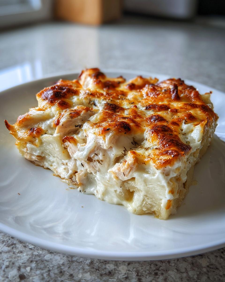 Een portie romige Chicken And Potato Casserole met een goudbruin gegratineerd kaaskorstje op een wit bord.