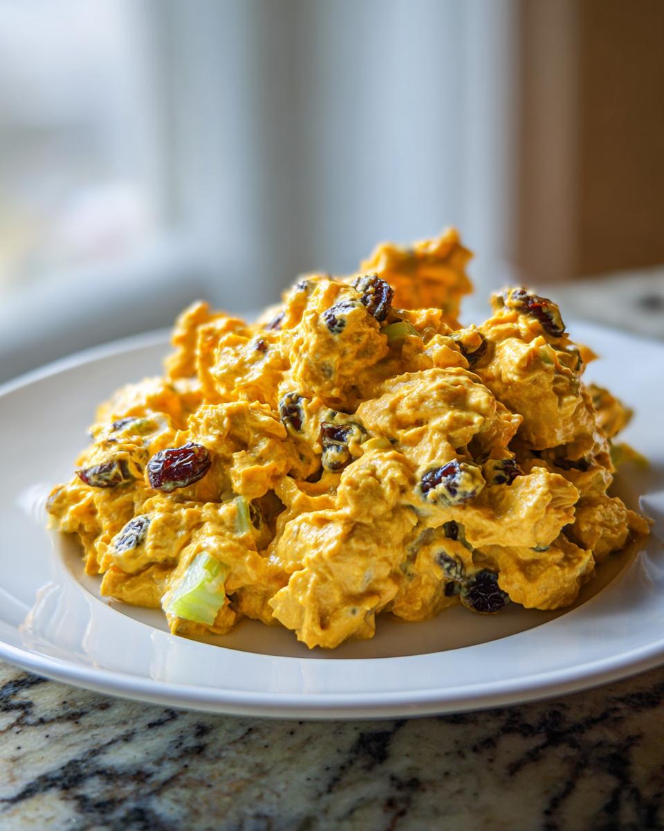 Grote portie romige, gele Curry Chicken Salad met stukjes selderij en donkere rozijnen op een wit bord.