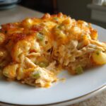 Een close-up van een portie King Ranch Mac And Cheese met romige kip, macaroni en een goudbruin gebakken kaaskorst.