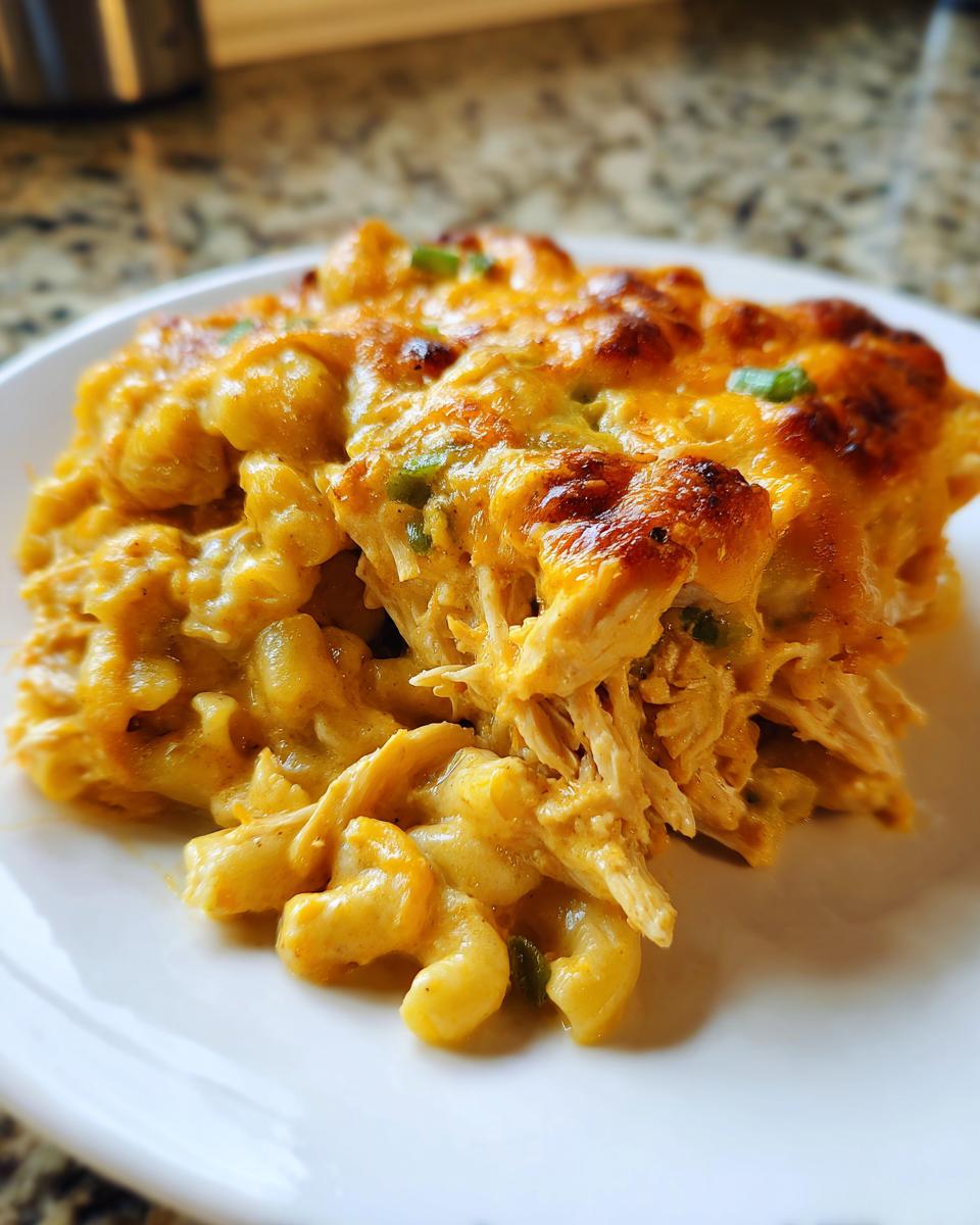 Close-up van een portie romige King Ranch Mac And Cheese met draadjes kip en een goudbruin gebakken kaaskorstje.
