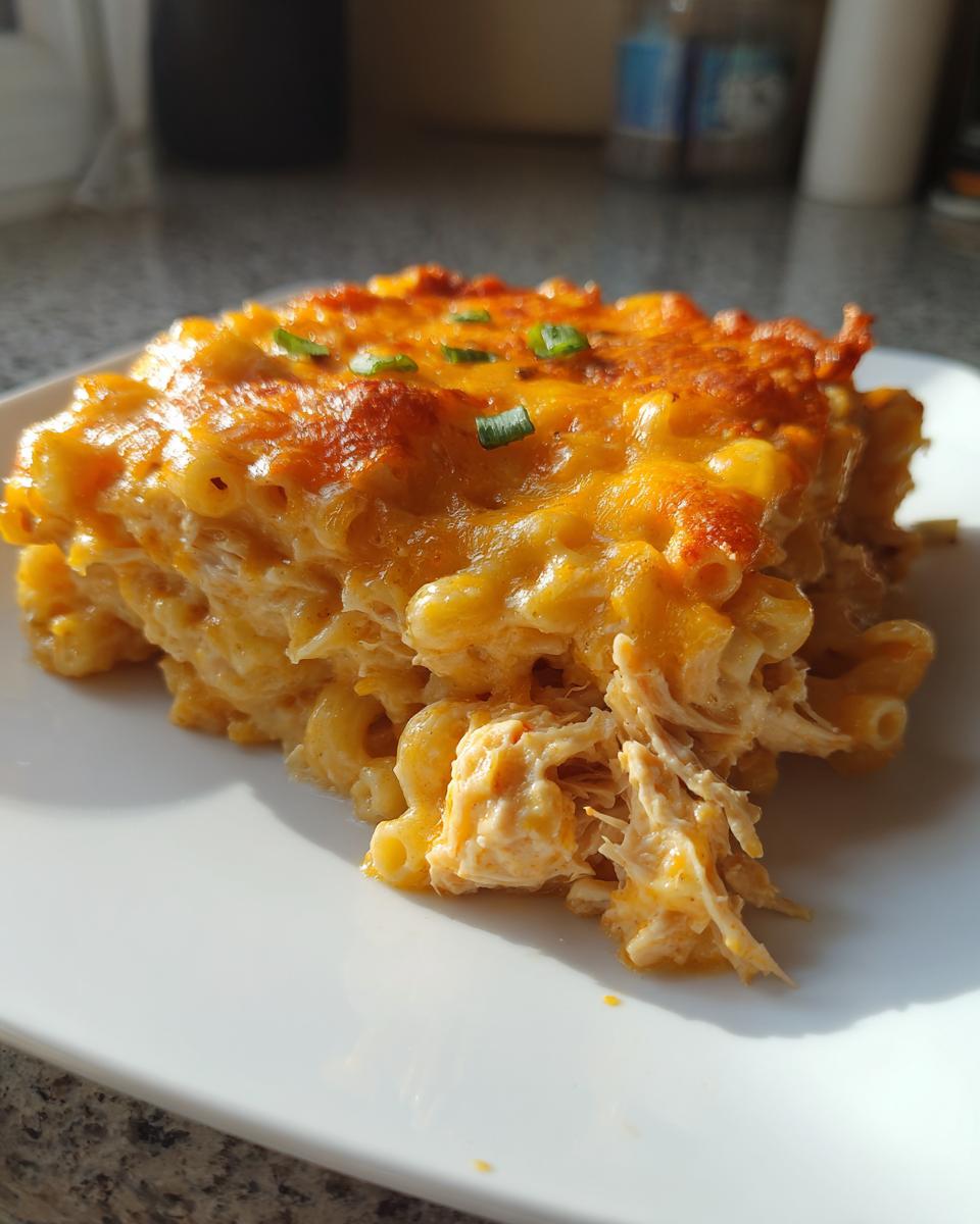 Een portie romige King Ranch Mac And Cheese met zichtbare stukjes kip en een goudbruin gebakken kaaskorstje.