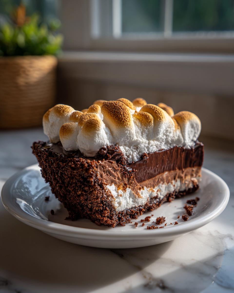 Een dikke, gelaagde snee Mississippi Mud Pie met een krokante chocoladekorst en geroosterde marshmallows bovenop.