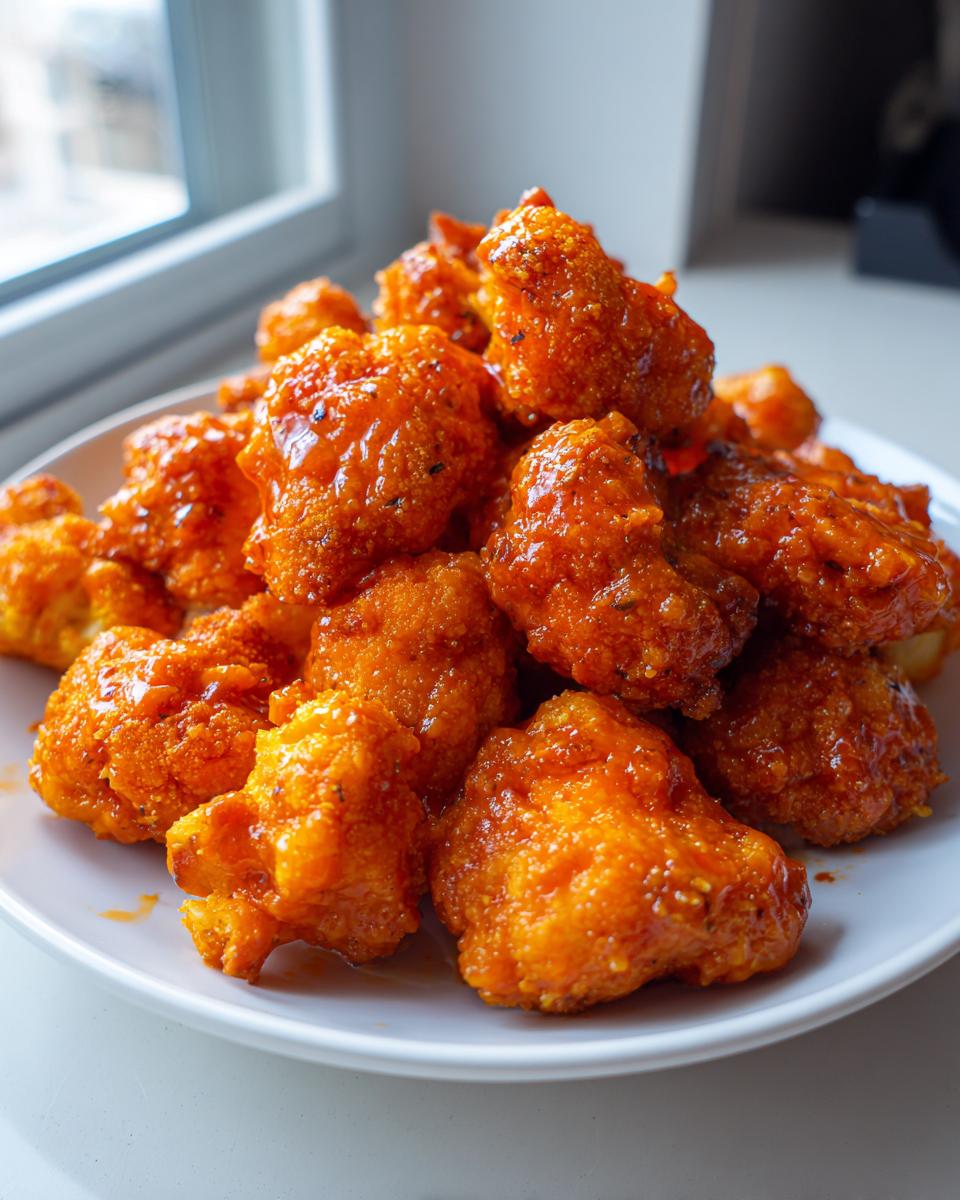 Close-up van een berg gefrituurde en geglaceerde Buffalo Cauliflower op een wit bord.