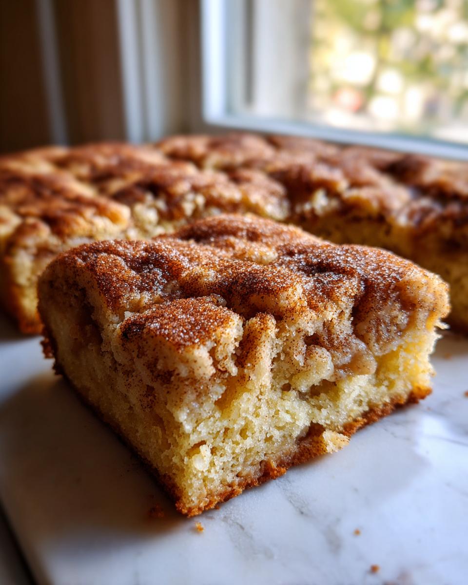 Een close-up van een vierkante portie Snickerdoodle Cobbler met een dikke, kruimelige kaneelsuiker topping.